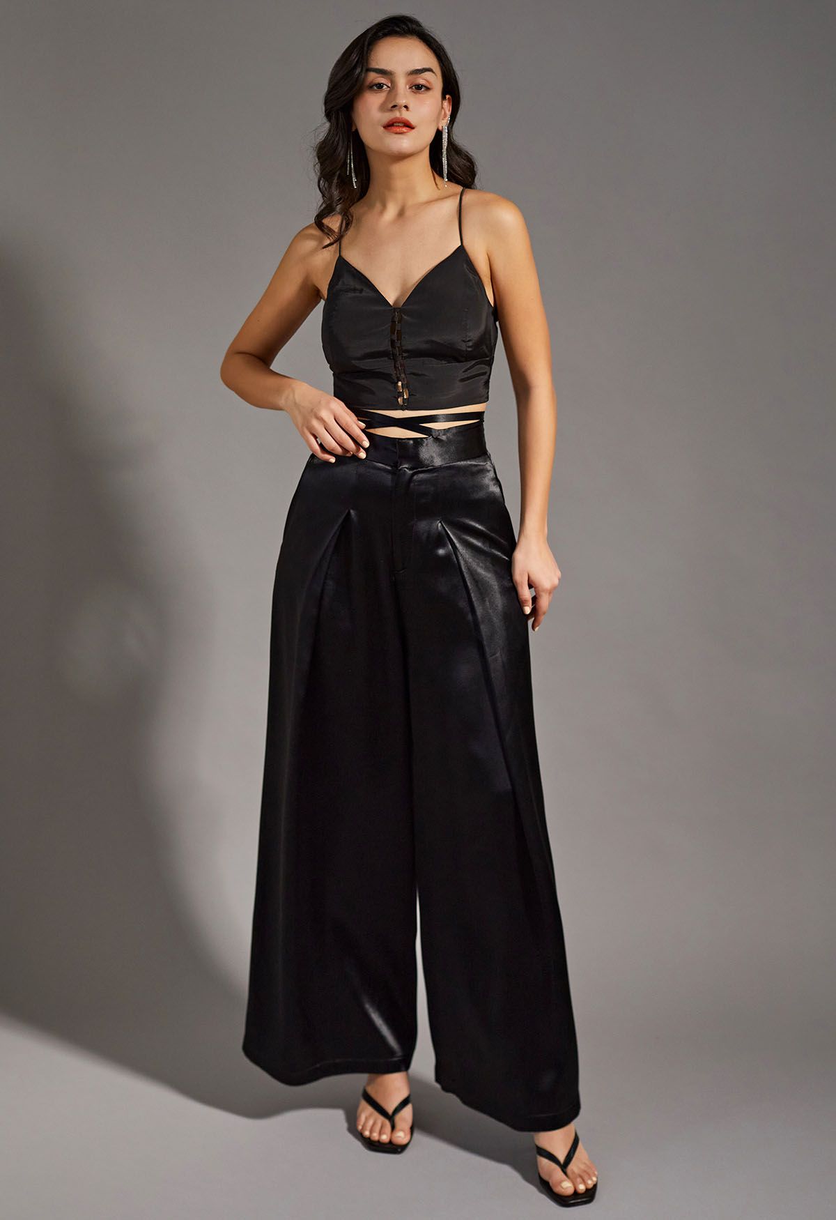 Glossy Crisscross Waist Wide Leg Pants in Black