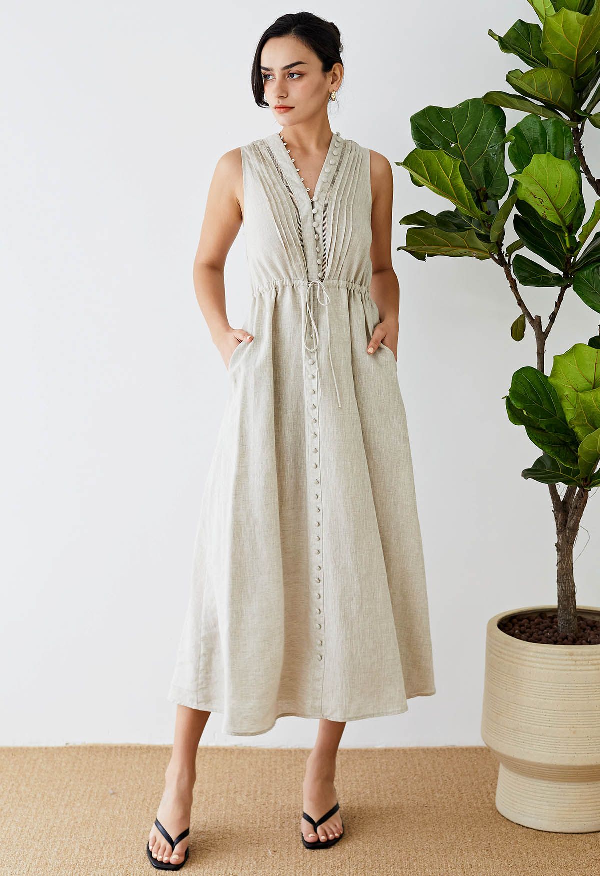 V-Neck Buttoned Sleeveless Dress in Linen