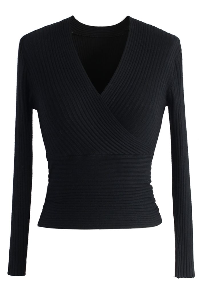 Top acanalado con cuello en V Glam en negro