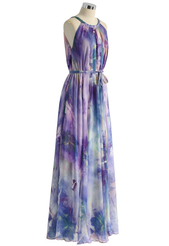 VESTIDO MAXI COMBINADO CON FLORES ACUARELA EN VIOLETA