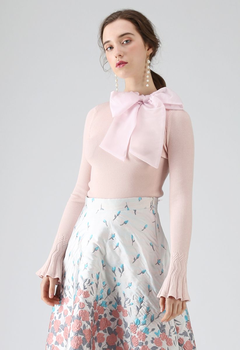 Fancy with Bowknot Knit Top en rosa