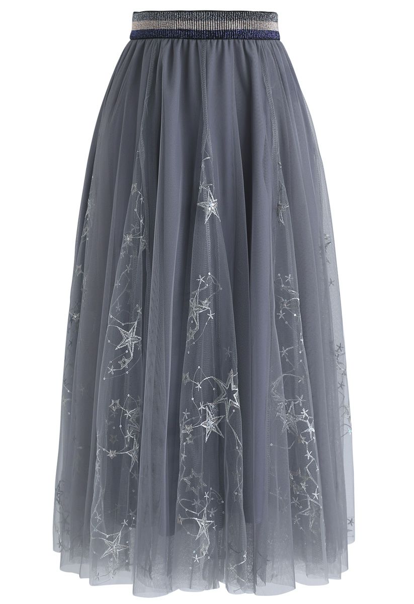 Falda midi de tul Dazzling Stars en gris