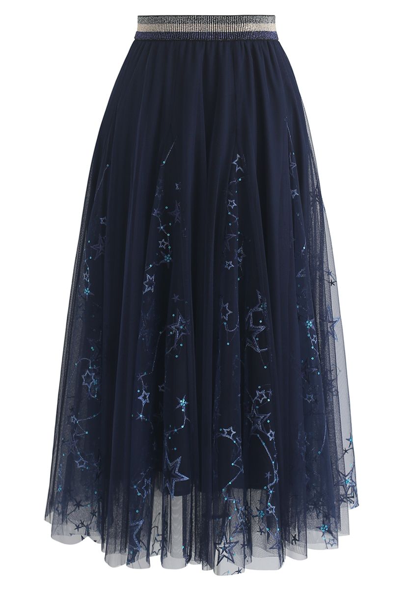 Falda midi de tul Dazzling Stars en azul marino