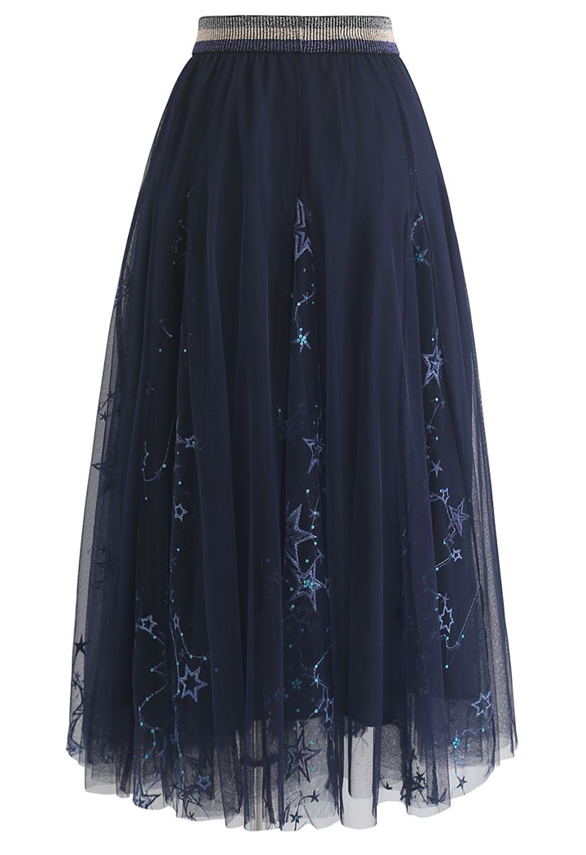 Falda midi de tul Dazzling Stars en azul marino