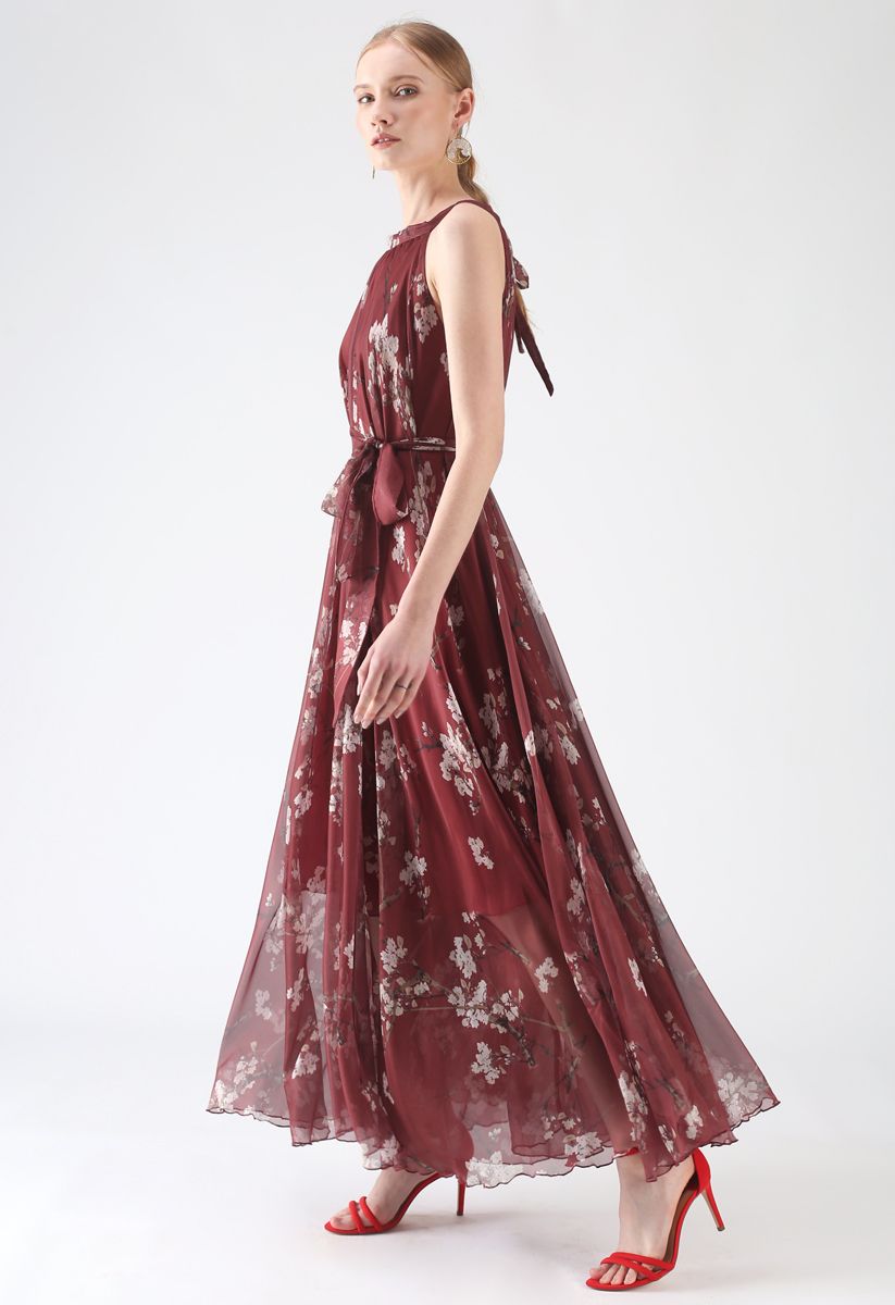 Plum Blossom Watercolor Maxi Slip Dress in Wine