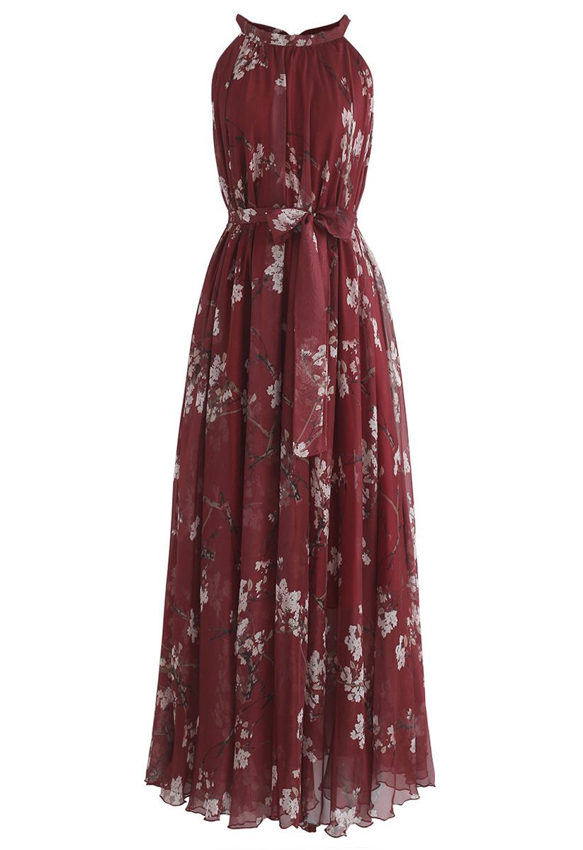 Plum Blossom Watercolor Maxi Slip Dress in Wine