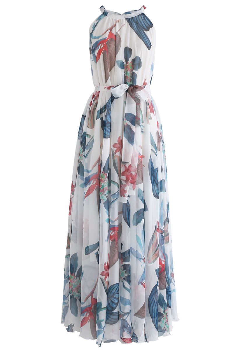 Tropical Floral Watercolor Maxi Slip Dress in White