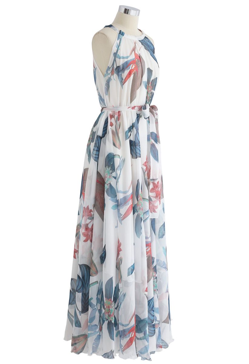 Tropical Floral Watercolor Maxi Slip Dress in White