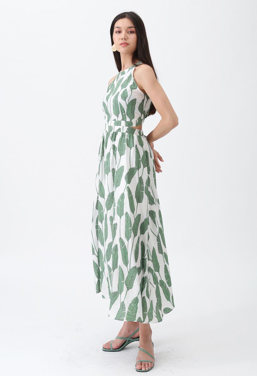 Summer Palm Leaf Print Halter Neck Maxi Dress in Green