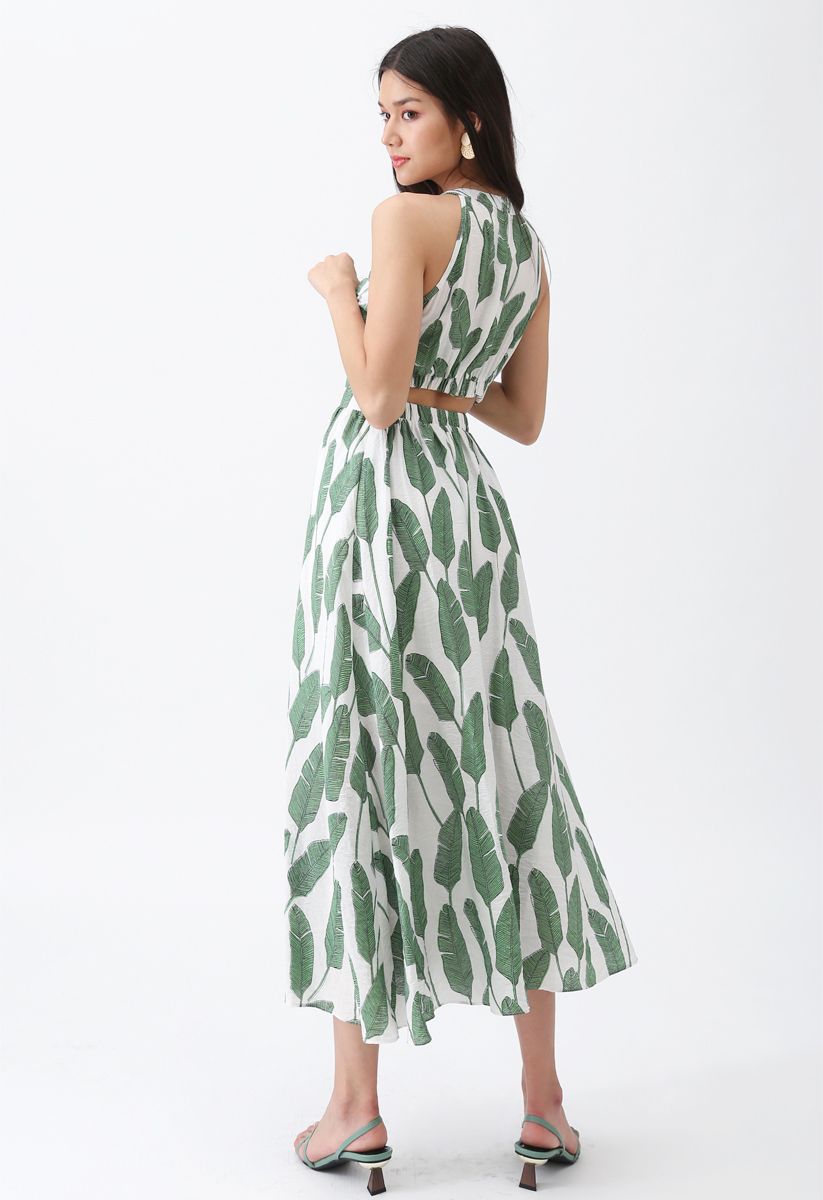 Summer Palm Leaf Print Halter Neck Maxi Dress in Green