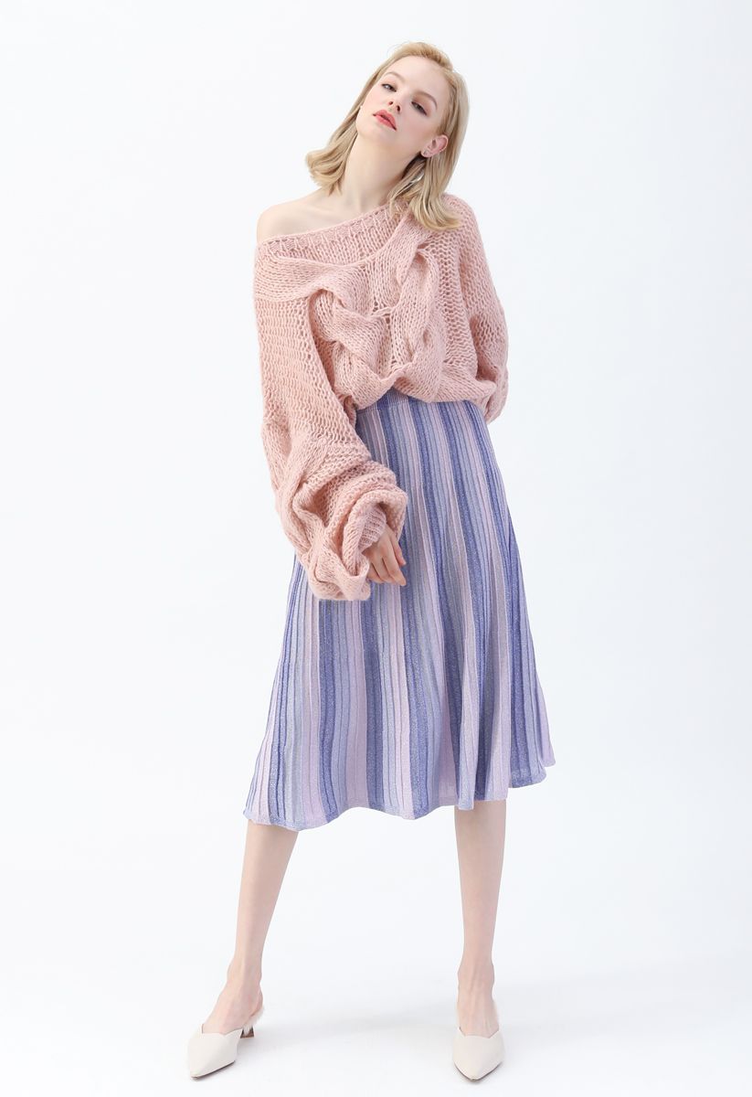 Hand-Knit Puff Sleeves Sweater in Pink