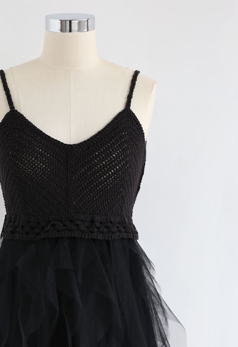 Knit Ruffled Mesh Cami Dress in Black