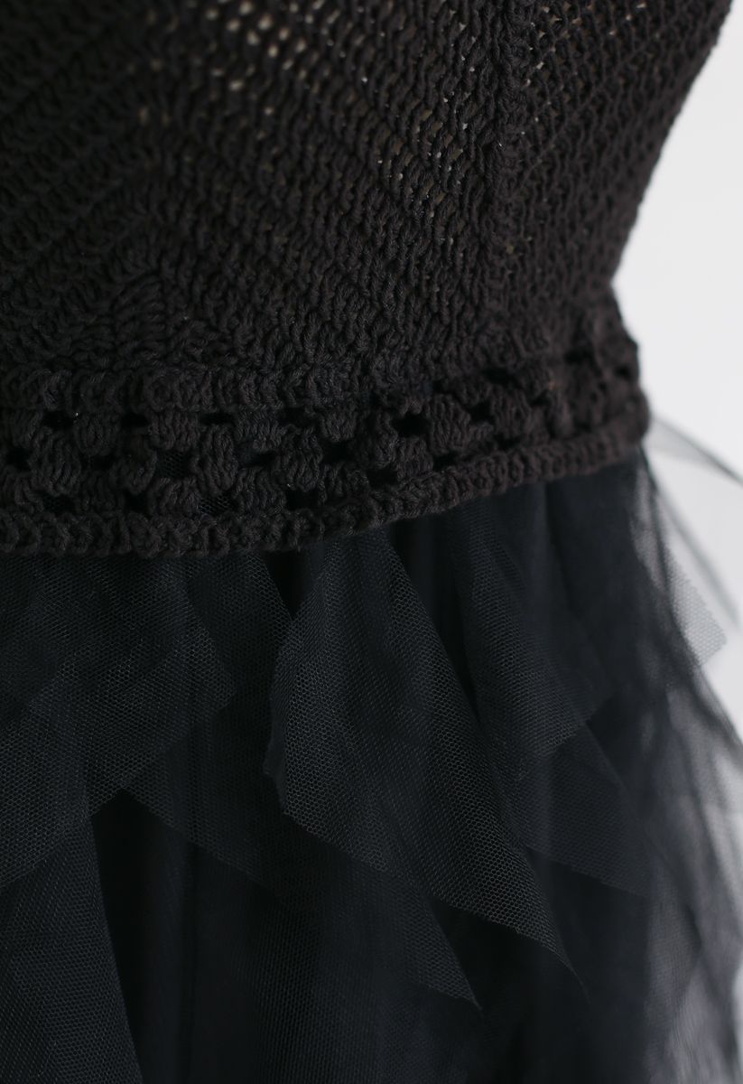 Knit Ruffled Mesh Cami Dress in Black