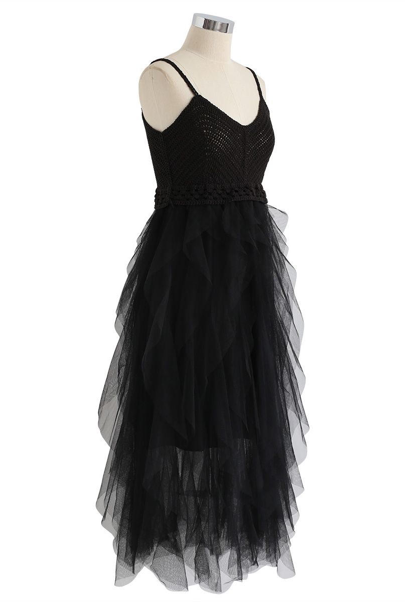 Knit Ruffled Mesh Cami Dress in Black