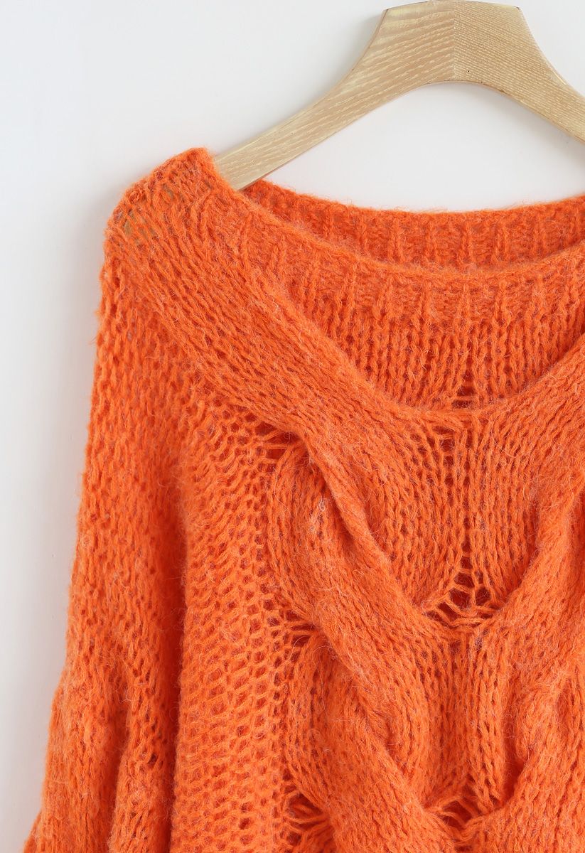 Hand-Knit Puff Sleeves Sweater in Orange