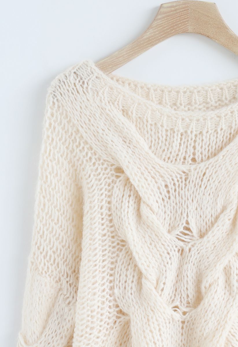 Hand-Knit Puff Sleeves Sweater in Cream