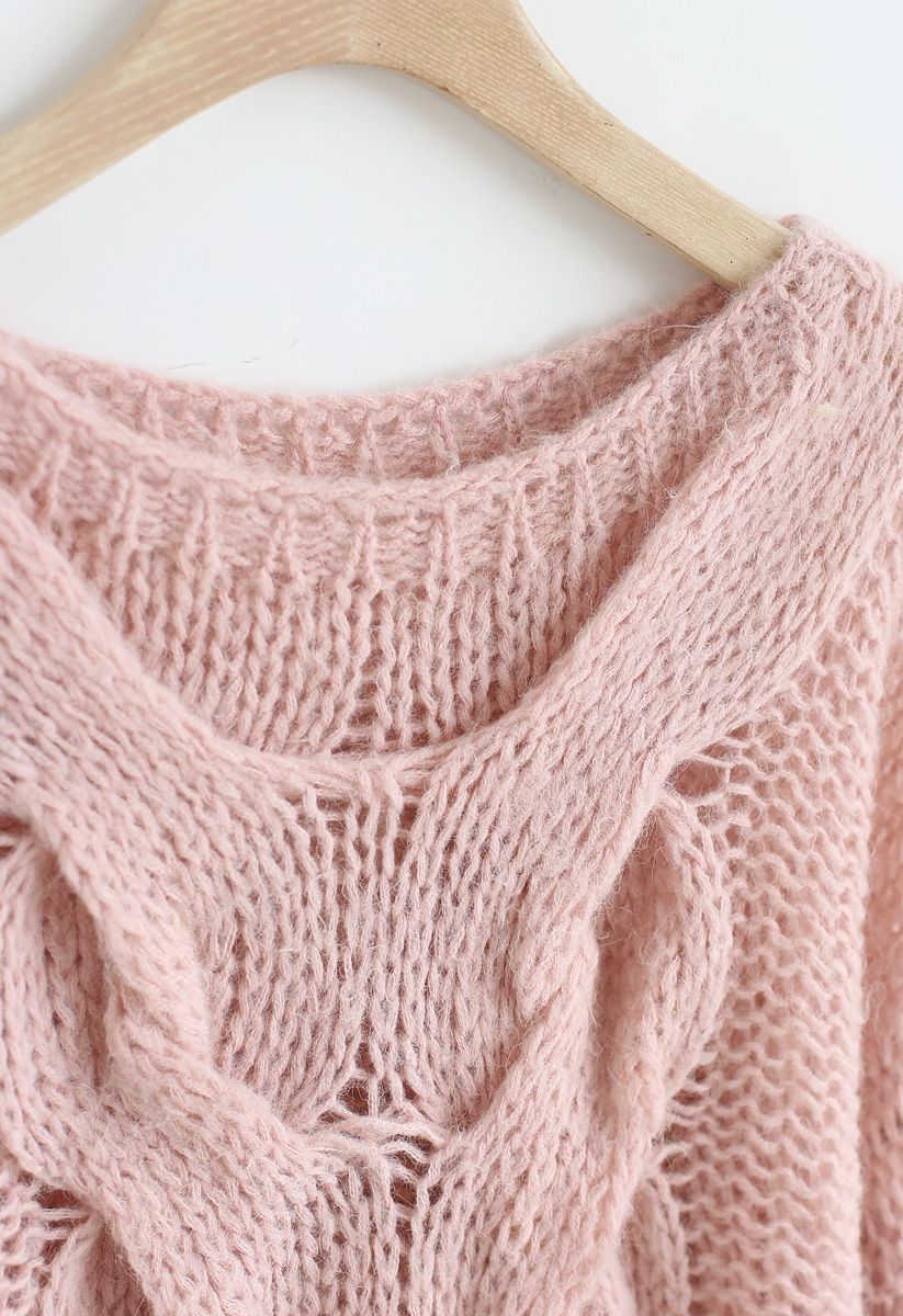 Hand-Knit Puff Sleeves Sweater in Pink