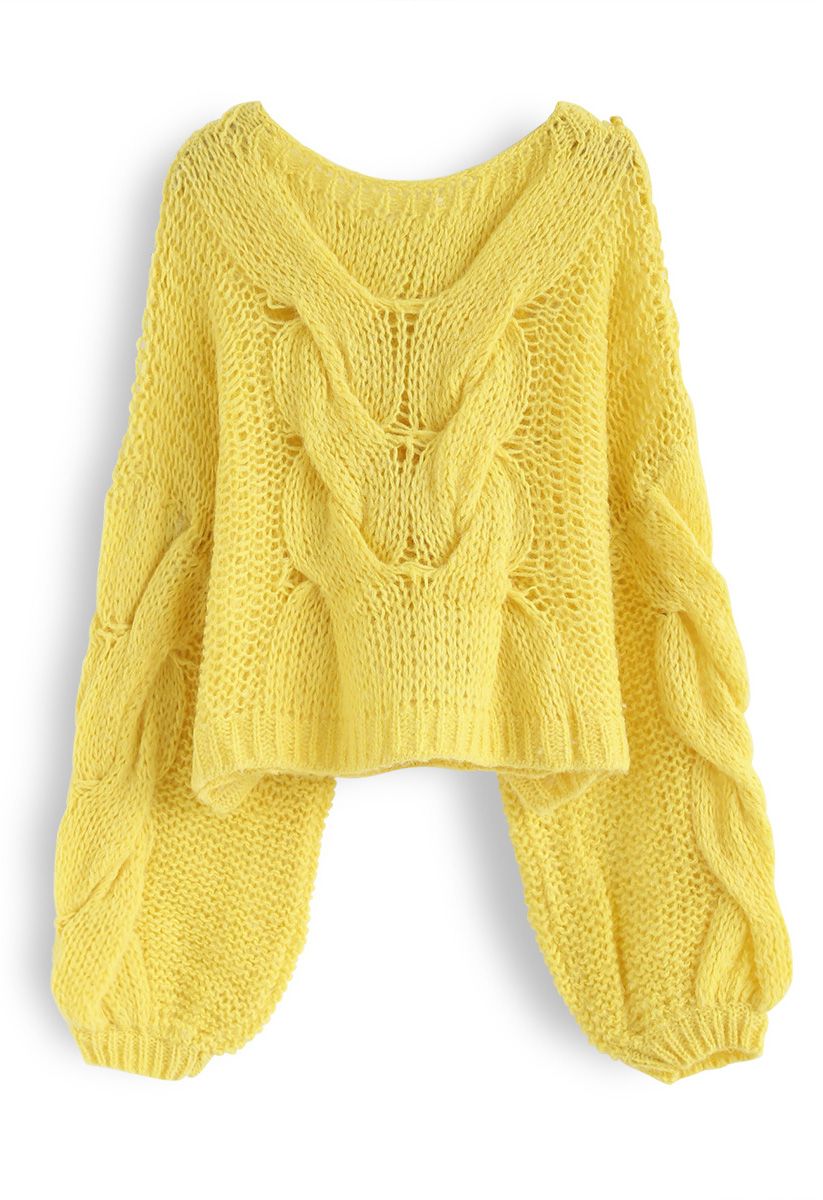 Hand-Knit Puff Sleeves Sweater in Yellow