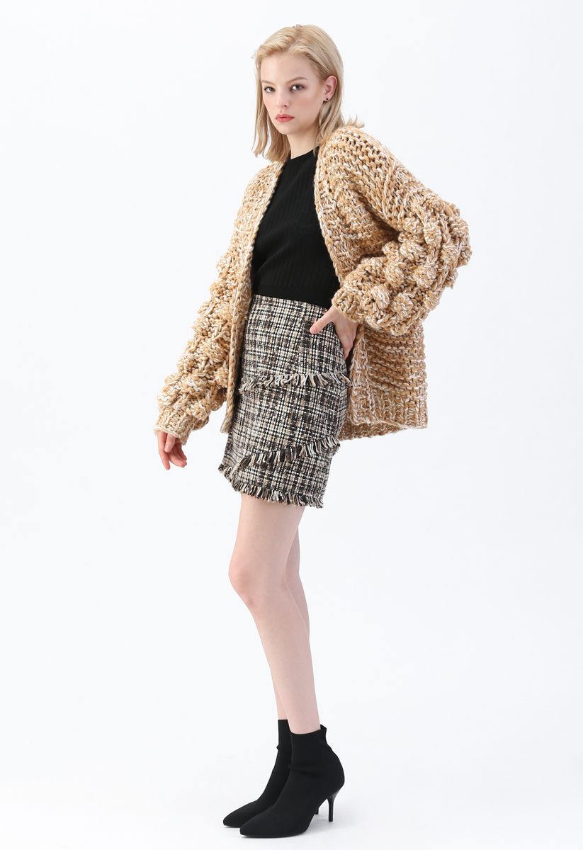 Cuteness on Sleeves Chunky Knit Longline Cardigan in Camel