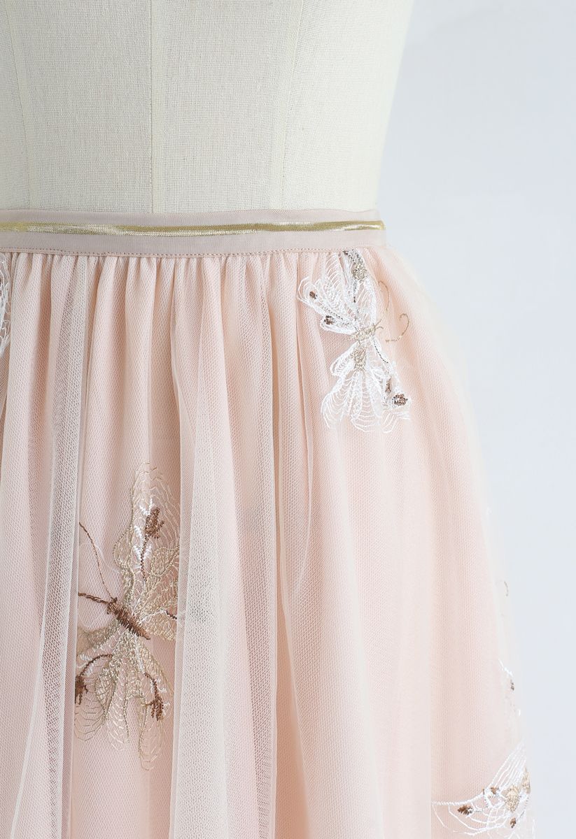 Butterfly Embroidered Double-Layered Mesh Midi Skirt