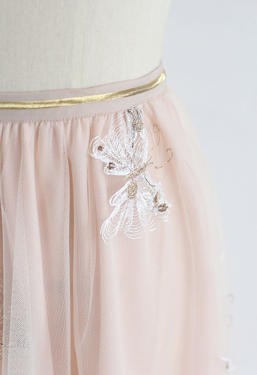 Butterfly Embroidered Double-Layered Mesh Midi Skirt