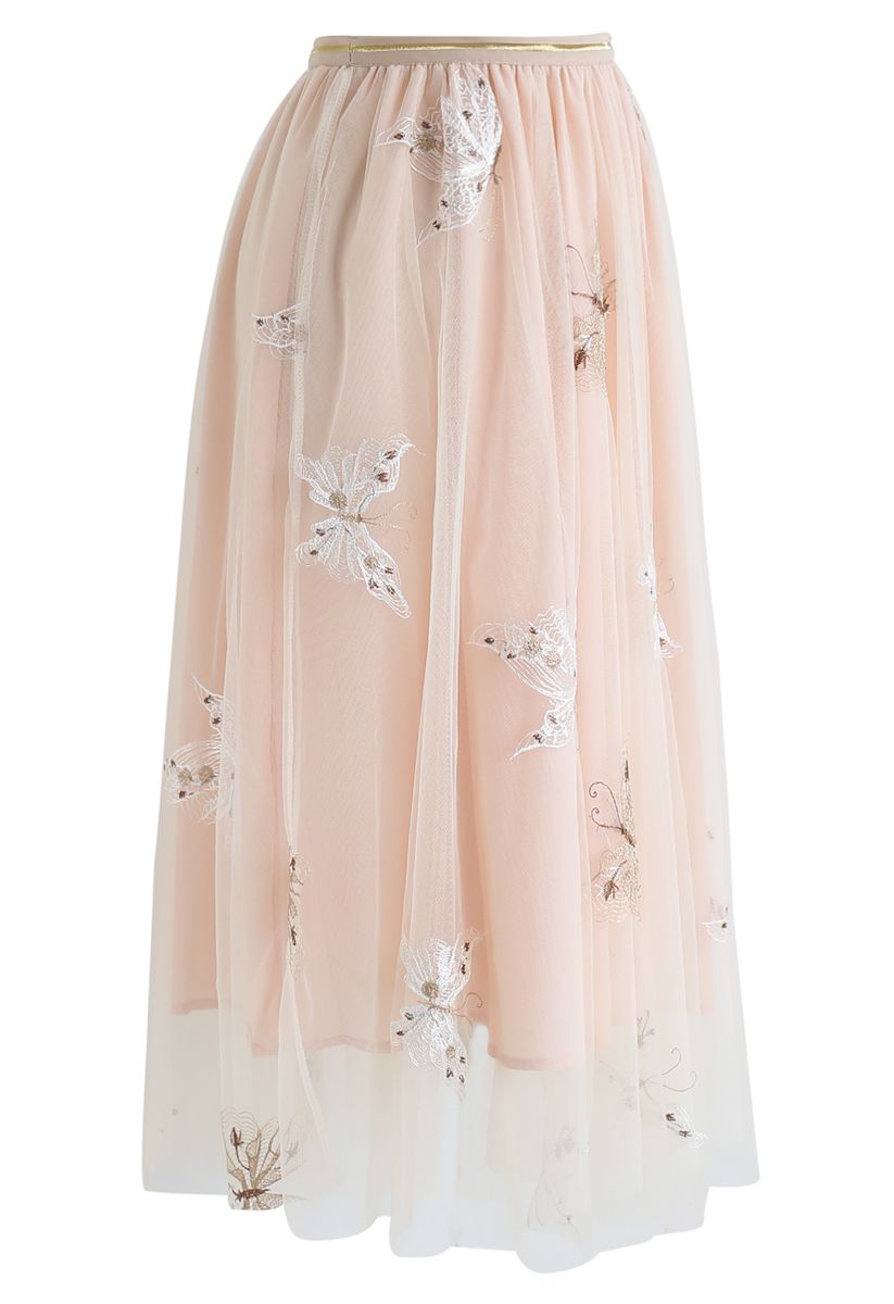 Butterfly Embroidered Double-Layered Mesh Midi Skirt