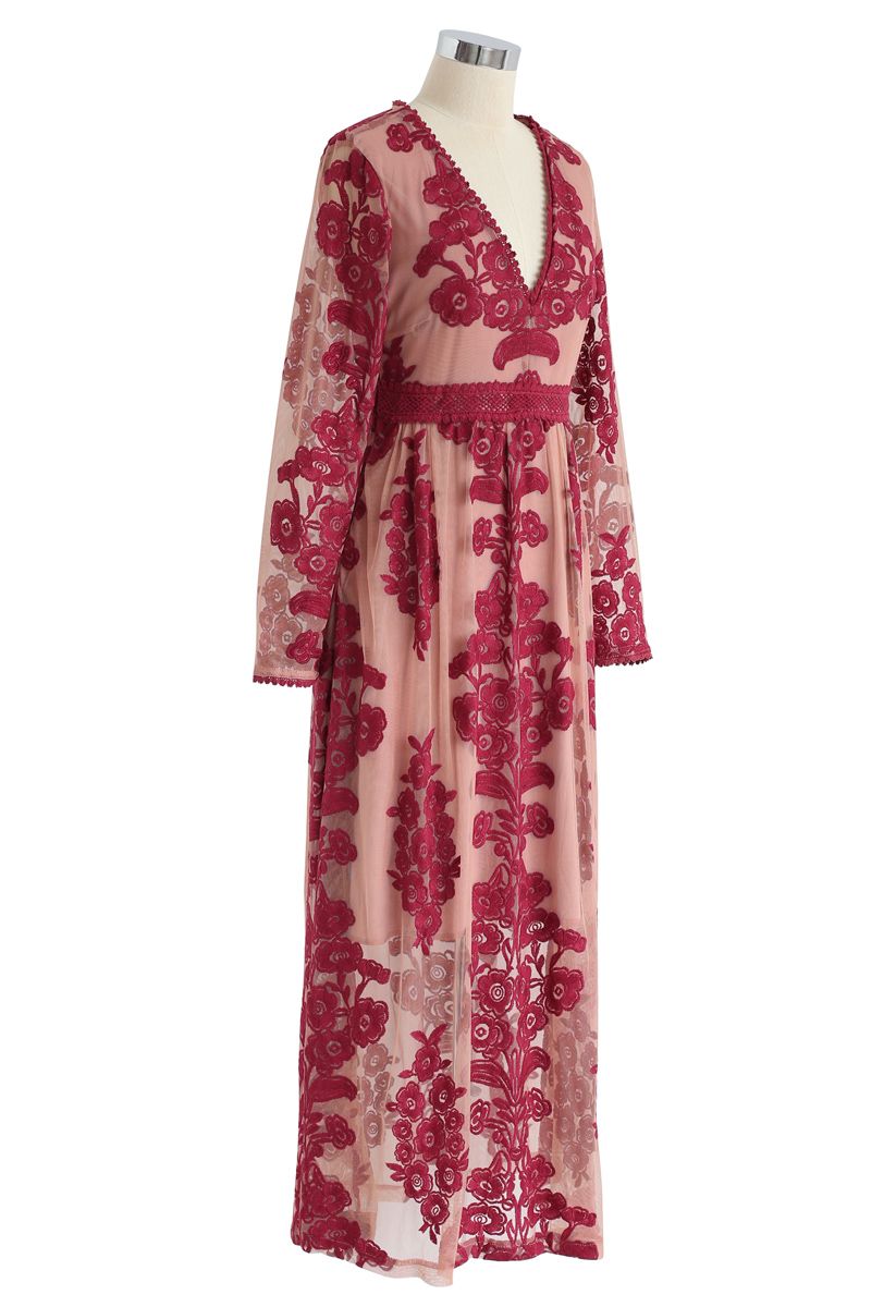 V-Neck Floral Embroidered Mesh Maxi Dress in Wine