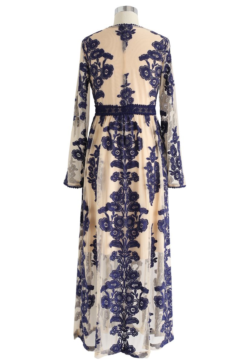 V-Neck Floral Embroidered Mesh Maxi Dress in Navy