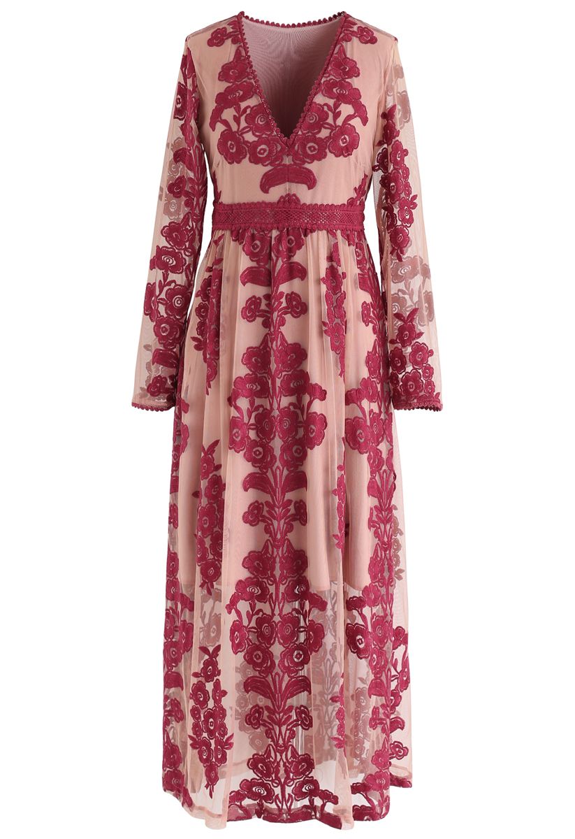 V-Neck Floral Embroidered Mesh Maxi Dress in Wine