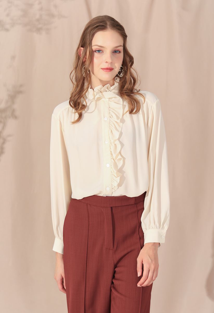 Button Front Ruffle Hi-Lo Shirt in Cream