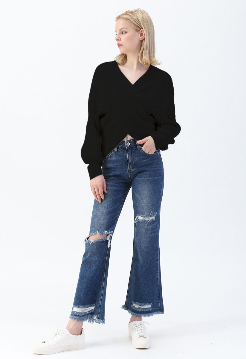 Crisscross Ribbed Knit Crop Sweater in Black