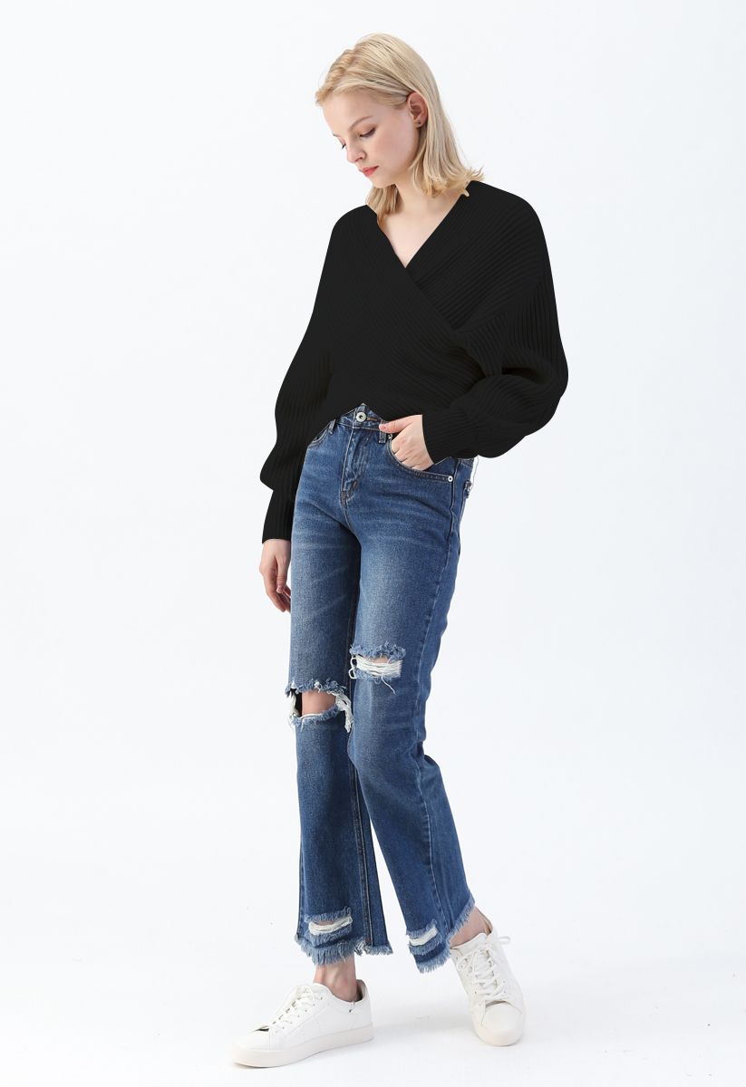 Crisscross Ribbed Knit Crop Sweater in Black