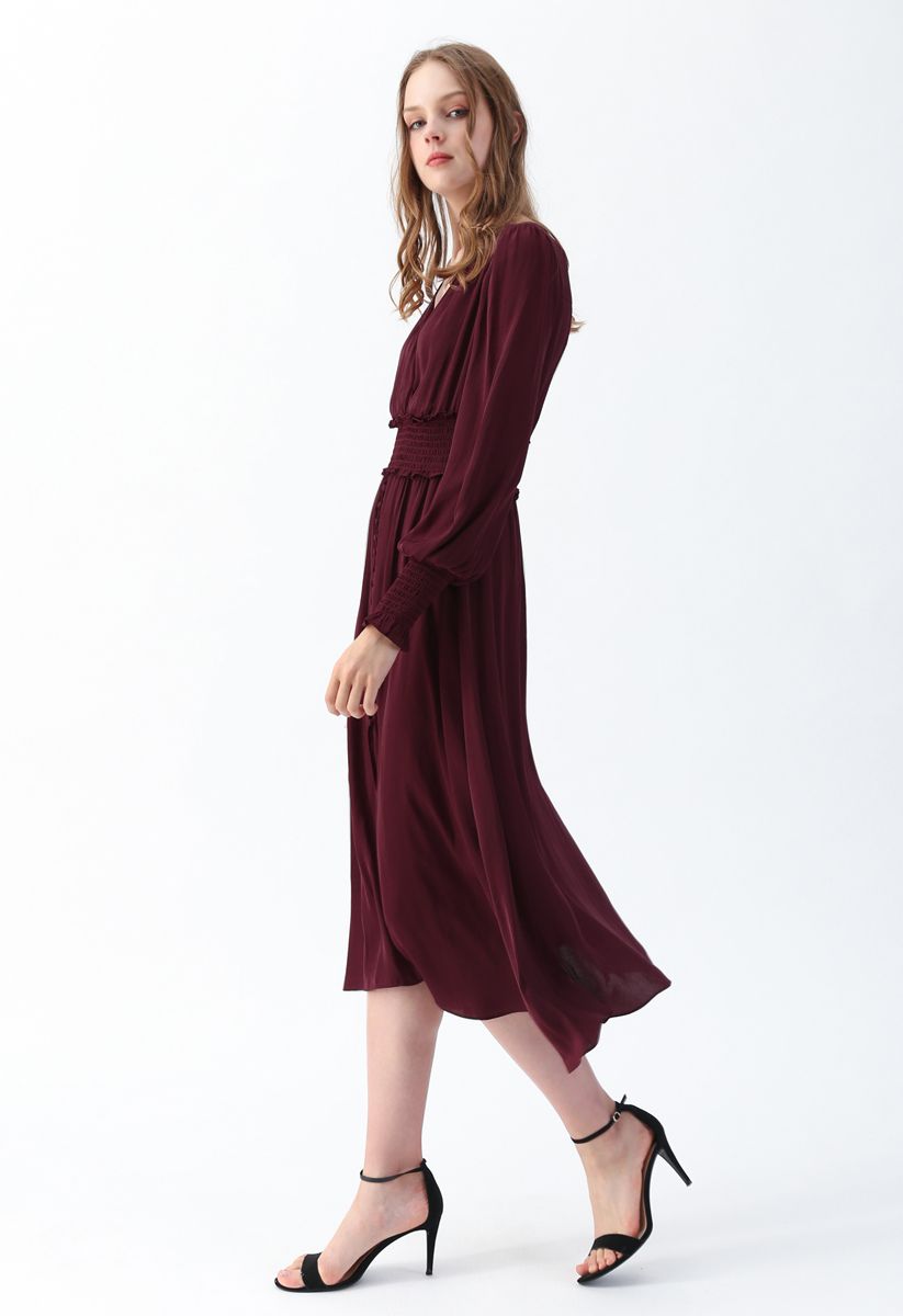 Satin Button Down Wrap Midi Dress in Wine