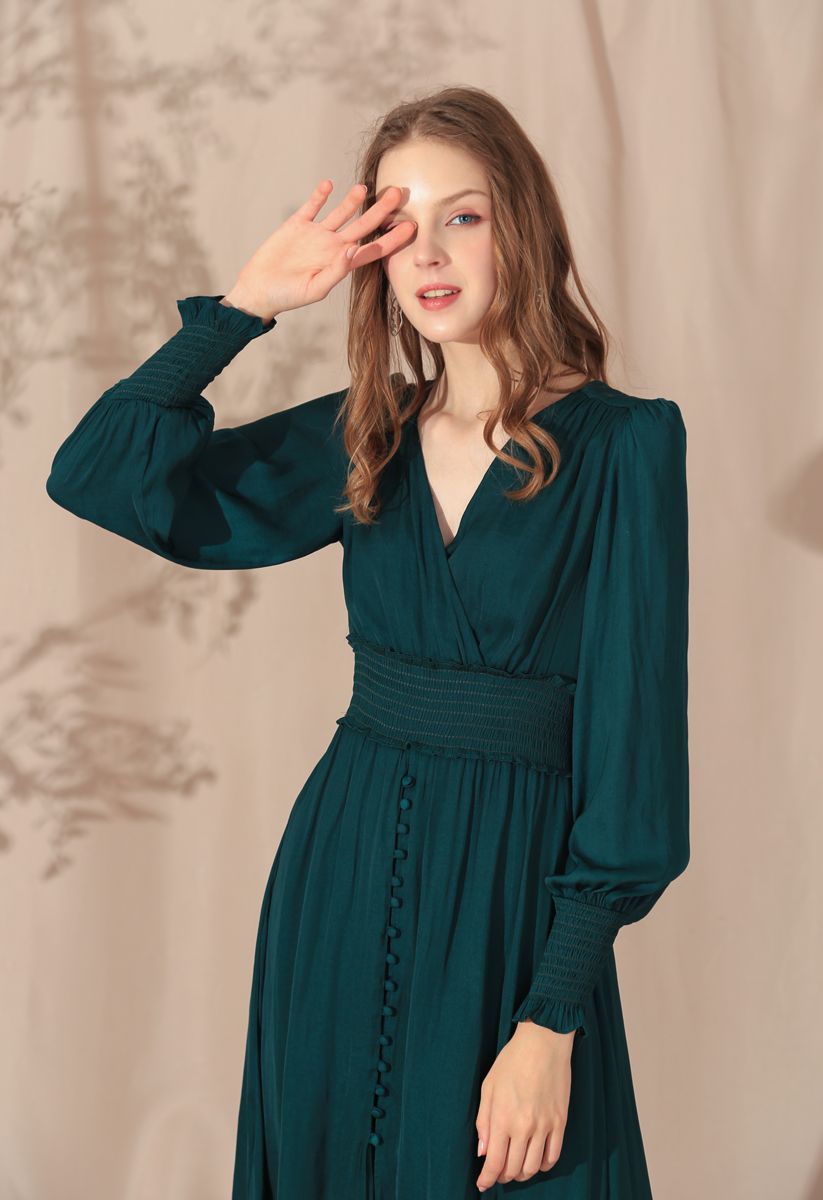 Satin Button Down Wrap Midi Dress in Dark Green