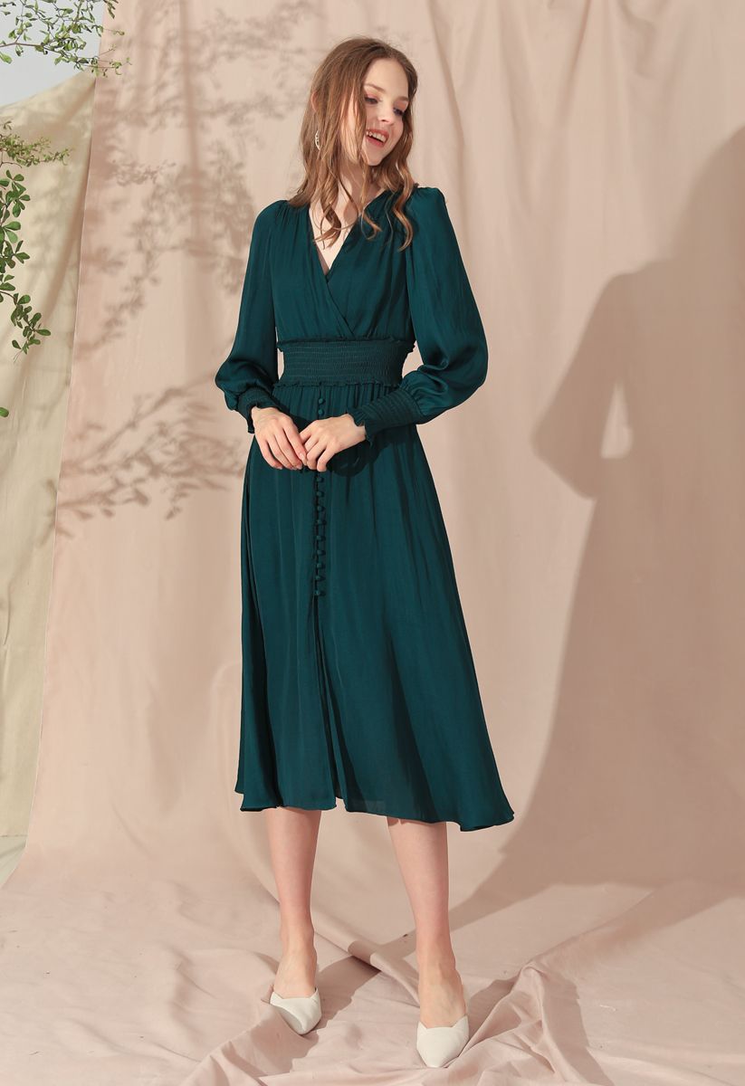 Satin Button Down Wrap Midi Dress in Dark Green