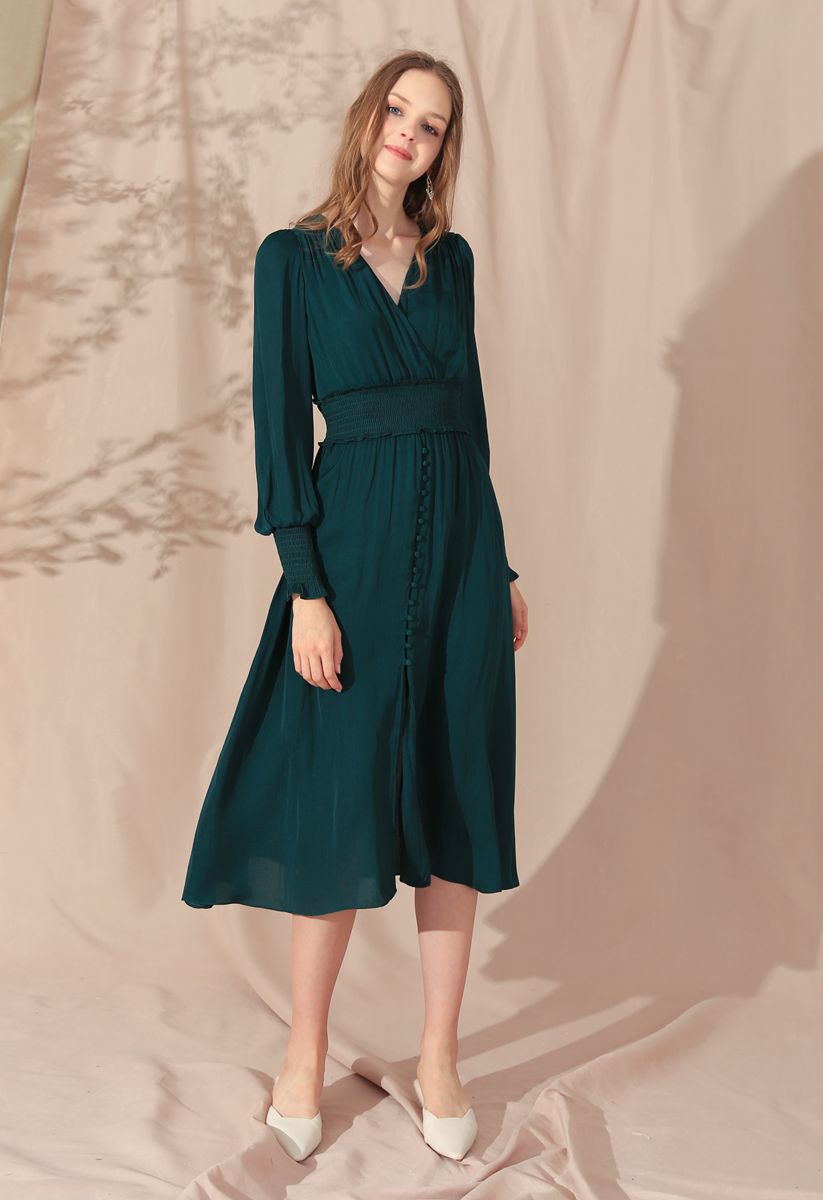 Satin Button Down Wrap Midi Dress in Dark Green