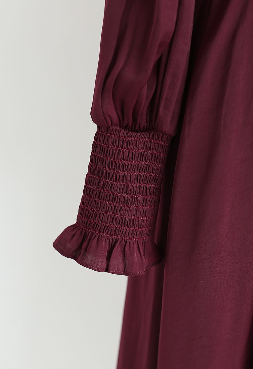 Satin Button Down Wrap Midi Dress in Wine