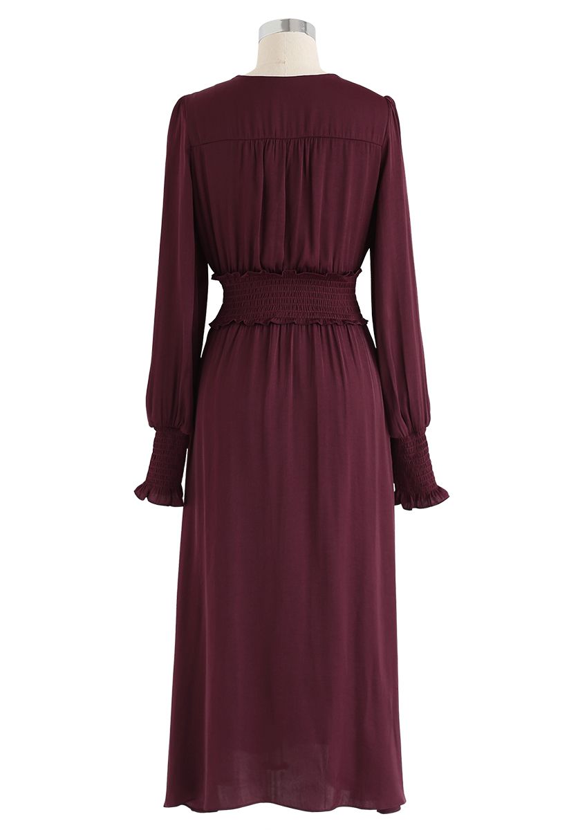 Satin Button Down Wrap Midi Dress in Wine