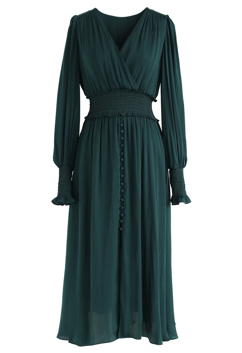 Satin Button Down Wrap Midi Dress in Dark Green