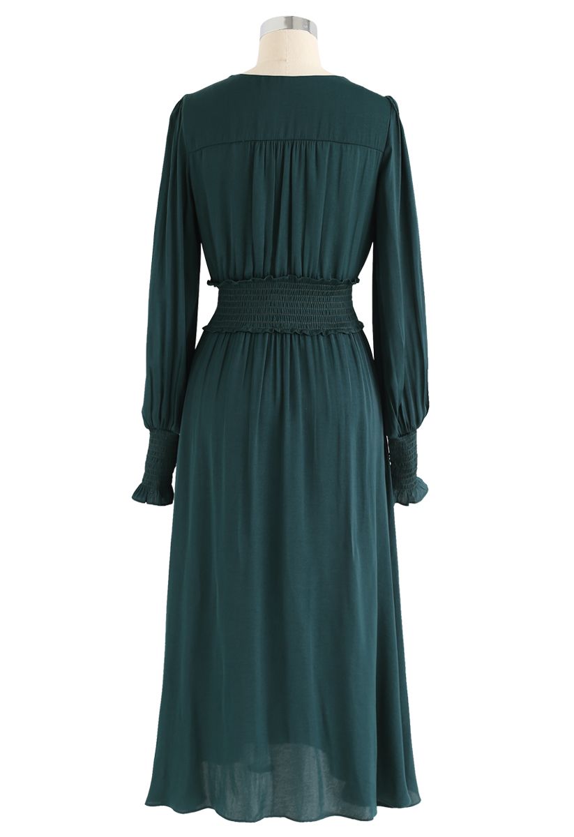 Satin Button Down Wrap Midi Dress in Dark Green