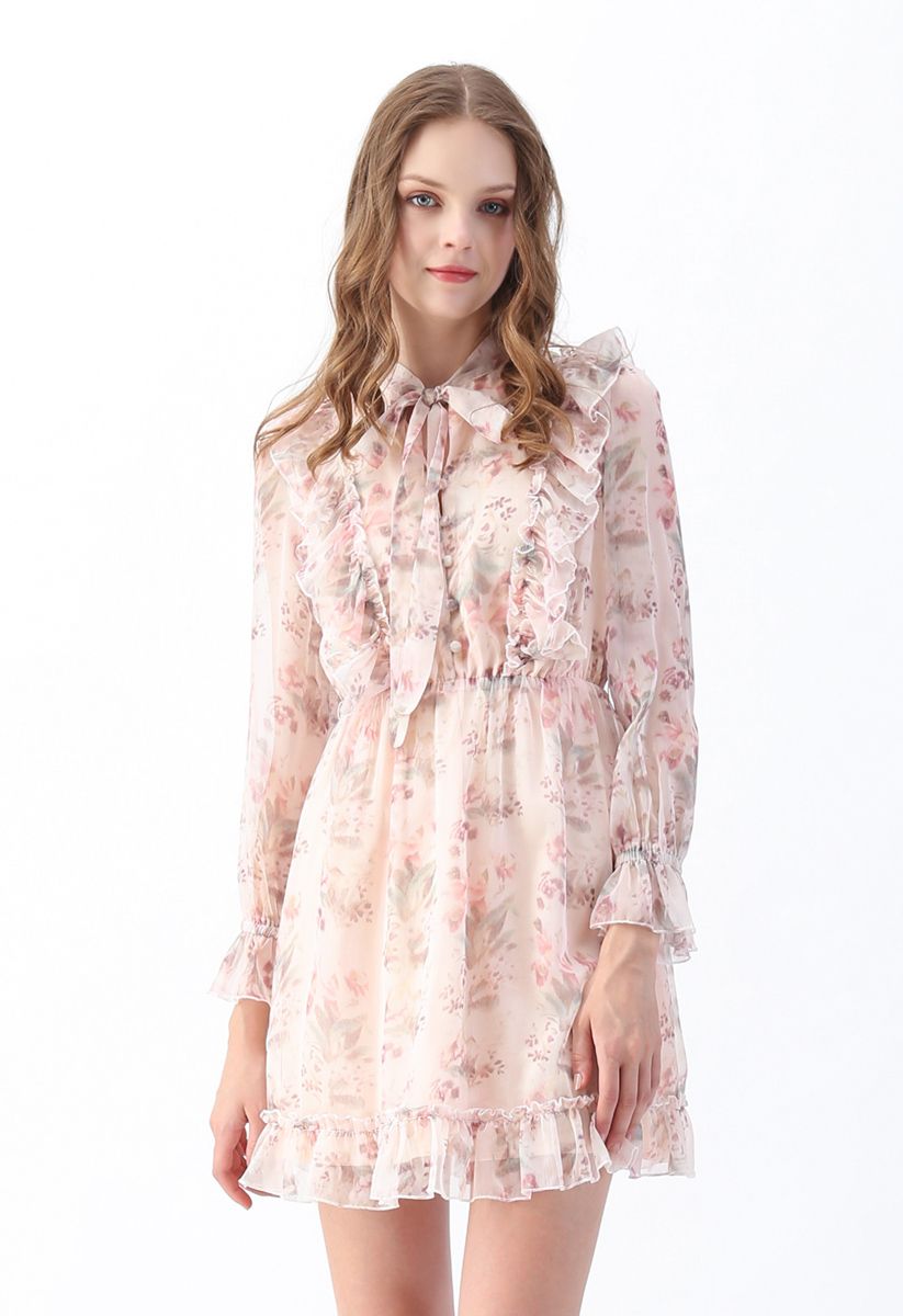 Floral Watercolor Bowknot Ruffle Dress 