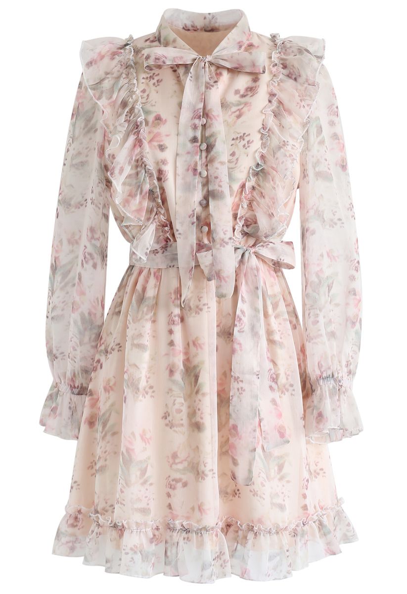 Floral Watercolor Bowknot Ruffle Dress 