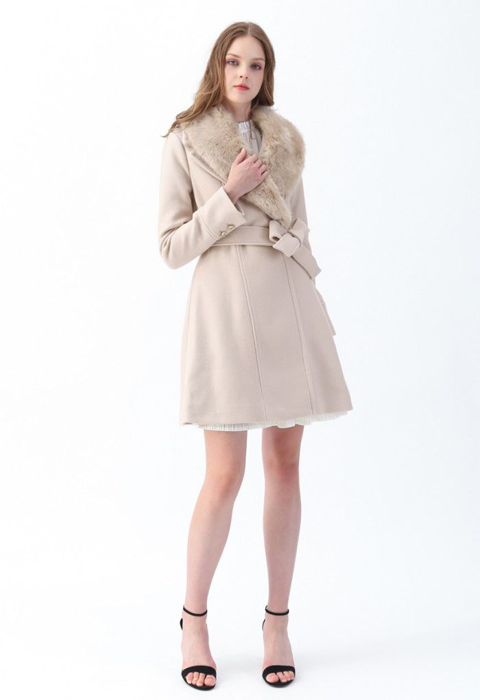 Faux Fur Collar Belted Flare Coat in Nude Pink