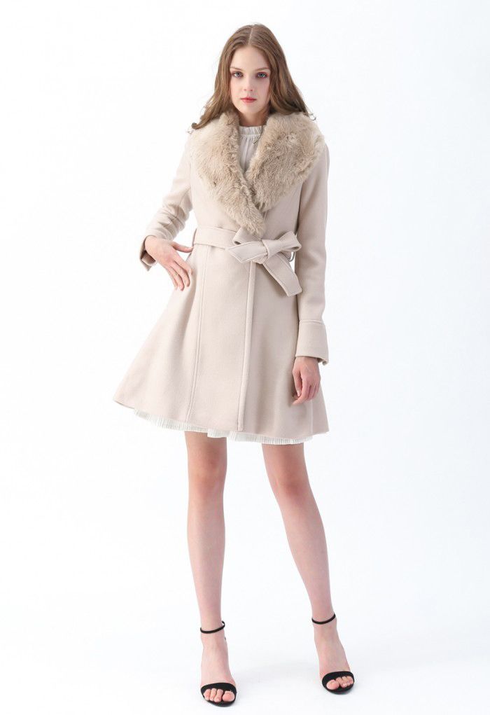 Faux Fur Collar Belted Flare Coat in Nude Pink