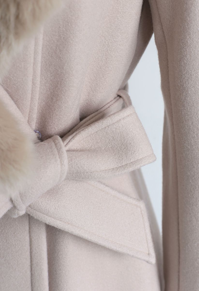 Faux Fur Collar Belted Flare Coat in Nude Pink