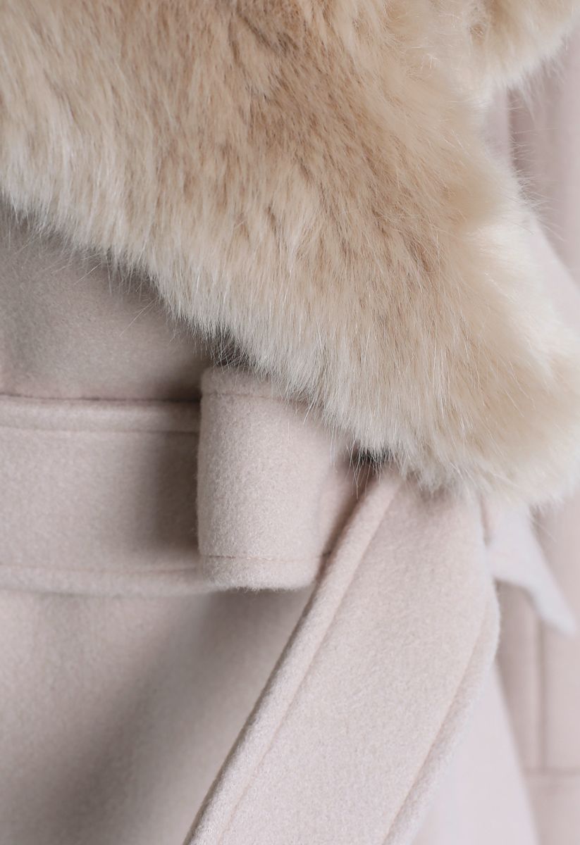 Faux Fur Collar Belted Flare Coat in Nude Pink