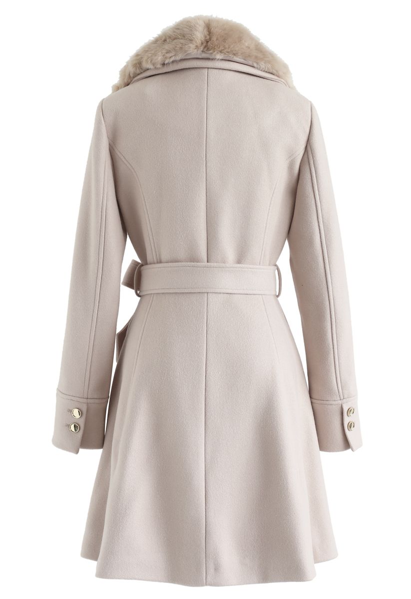 Faux Fur Collar Belted Flare Coat in Nude Pink