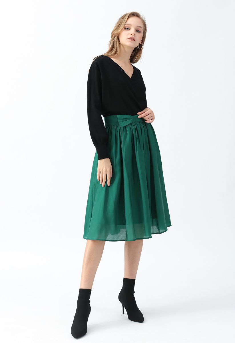 Bowknot Waist Pleated Midi Skirt in Emerald