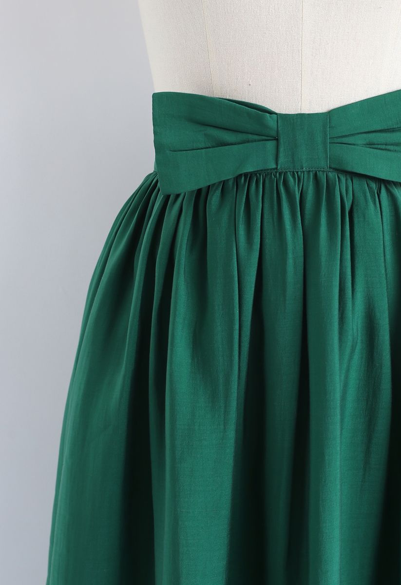 Bowknot Waist Pleated Midi Skirt in Emerald