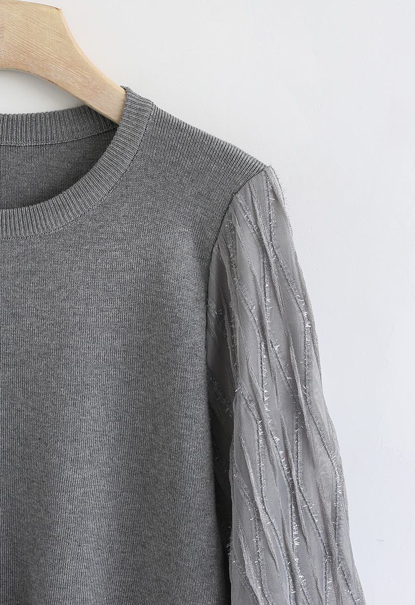 Shiny Lines Puff Sleeves Knit Top in Grey